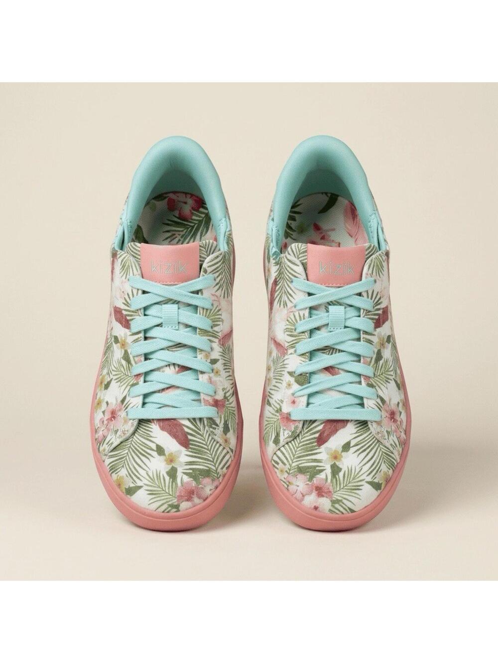 Kizik Hands Free Shoes Women’s 9 Tropical Floral Sneakers Pink Aqua Slip In
